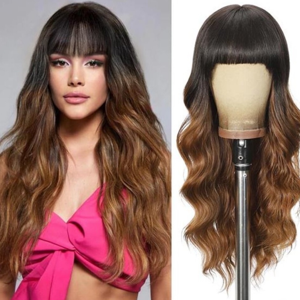 Black To Brown Wigs with Bangs Long curly wavy Wig